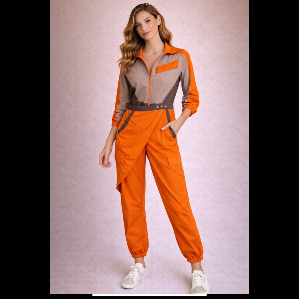 NWT Hot & Delicious Utility Jumpsuit S Orange Taupe Zip Front Belted Cargo